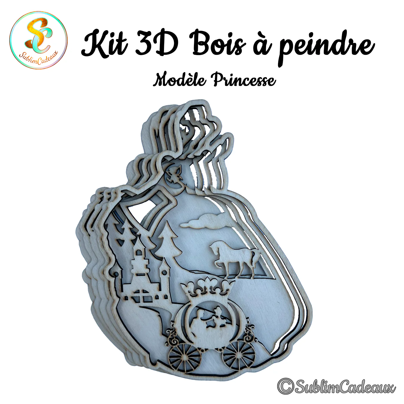 Kit 3D en bois découpé au laser, princesse aux longs cheveux avec château, cheval et carrosse, bois brut