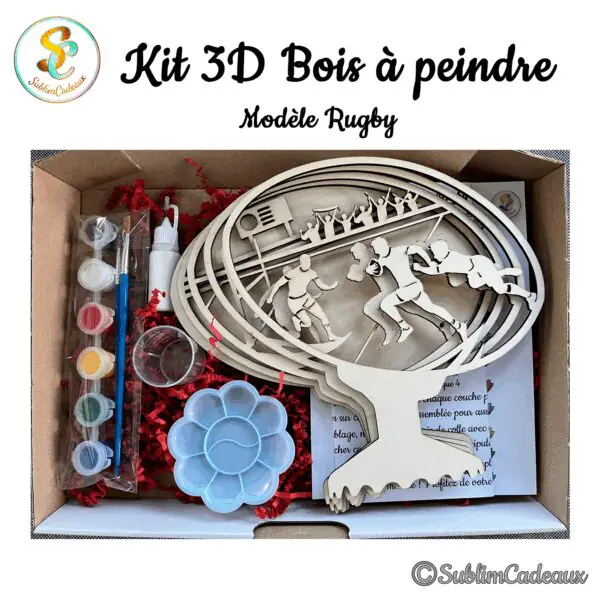Kit créatif en bois à peindre, scène de rugby découpée au laser avec joueurs et ballon, peinture et pinceau fournis