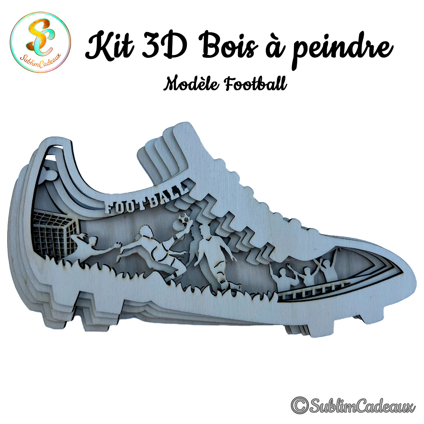 Kit 3D en bois découpé au laser en forme de chaussure de foot, joueurs et but à l'intérieur, bois brut