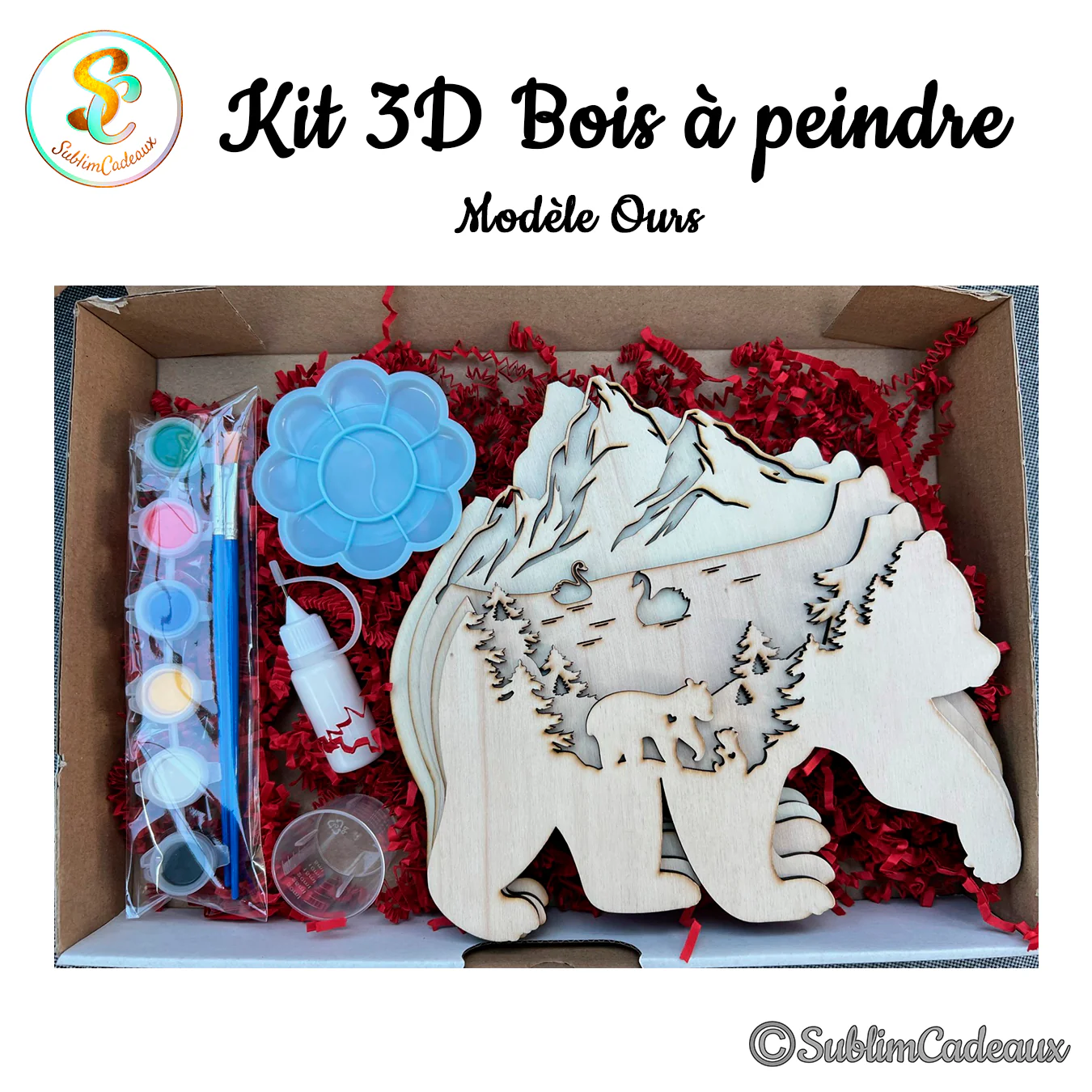 Kit à peindre avec ours en bois découpé au laser sur décor de montagnes, godets de peinture, pinceaux et palette bleue
