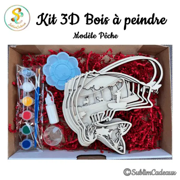 Kit à peindre avec poisson bondissant en bois découpé au laser sur décor de forêt, godets de peinture, pinceaux et palette bleue