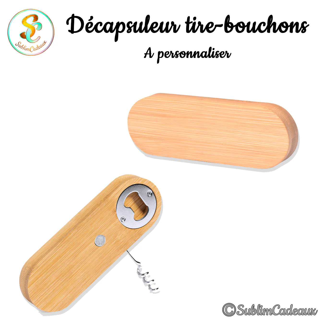 Décapsuleur tire-bouchon ovale en bambou clair, ouvre-bouteille métal et tire-bouchon à spirale, à personnaliser
