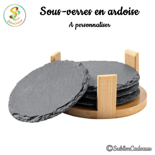 Sous-verres ronds en ardoise noire sur support en bambou, surface à personnaliser par gravure