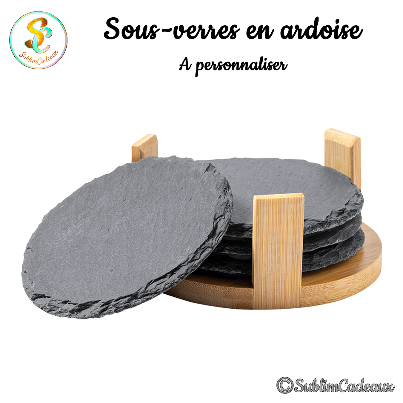 Sous-verres ronds en ardoise noire sur support en bambou, surface à personnaliser par gravure