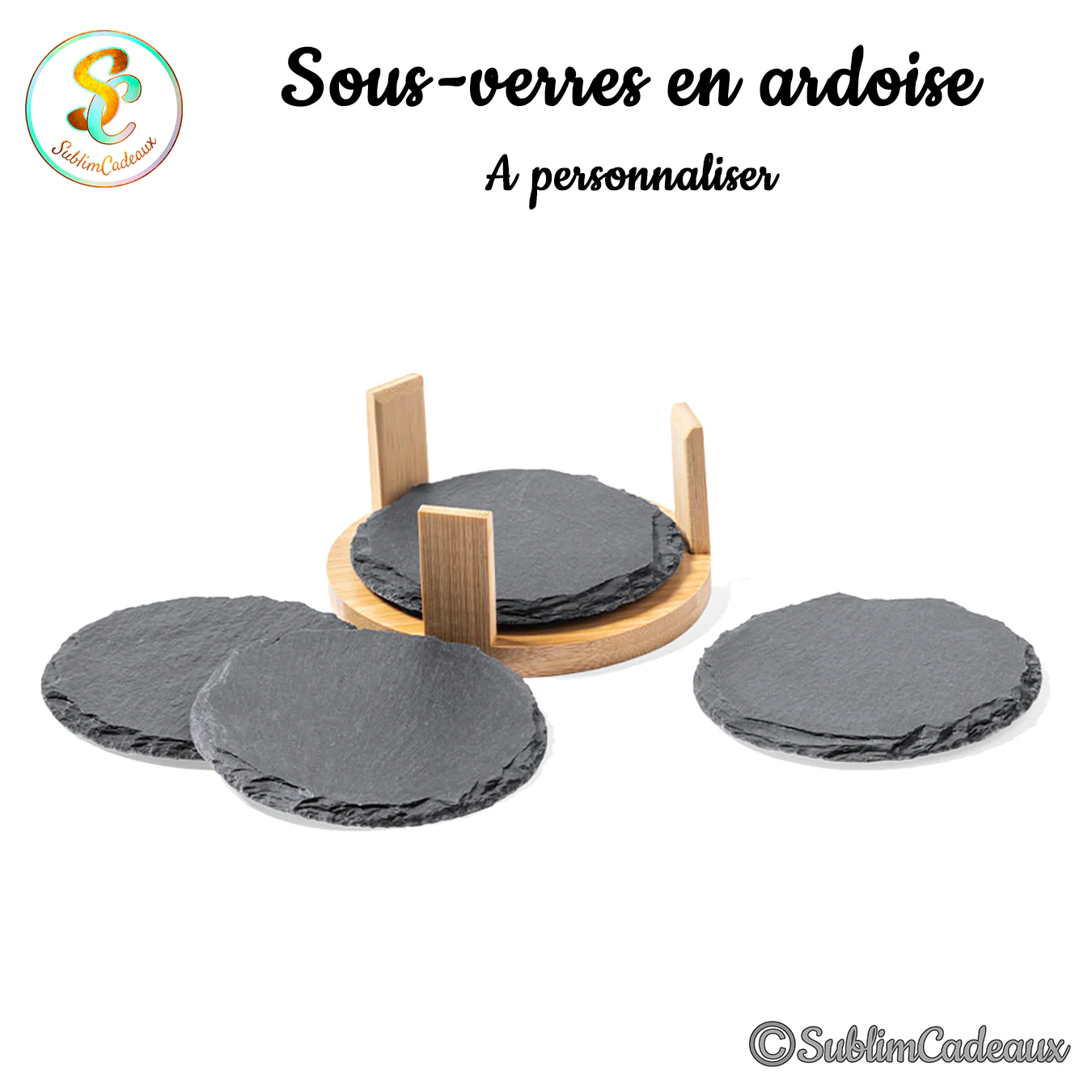 Set de sous-verres ronds en ardoise gris anthracite avec support en bambou, surface vierge à personnaliser