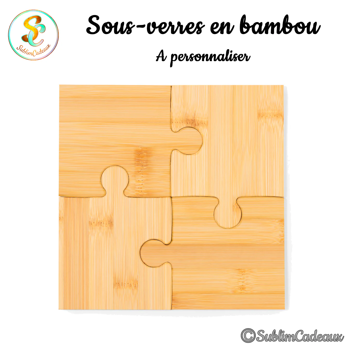 Sous-verres en bambou clair en forme de pièces de puzzle qui s'emboîtent, surface vierge à personnaliser
