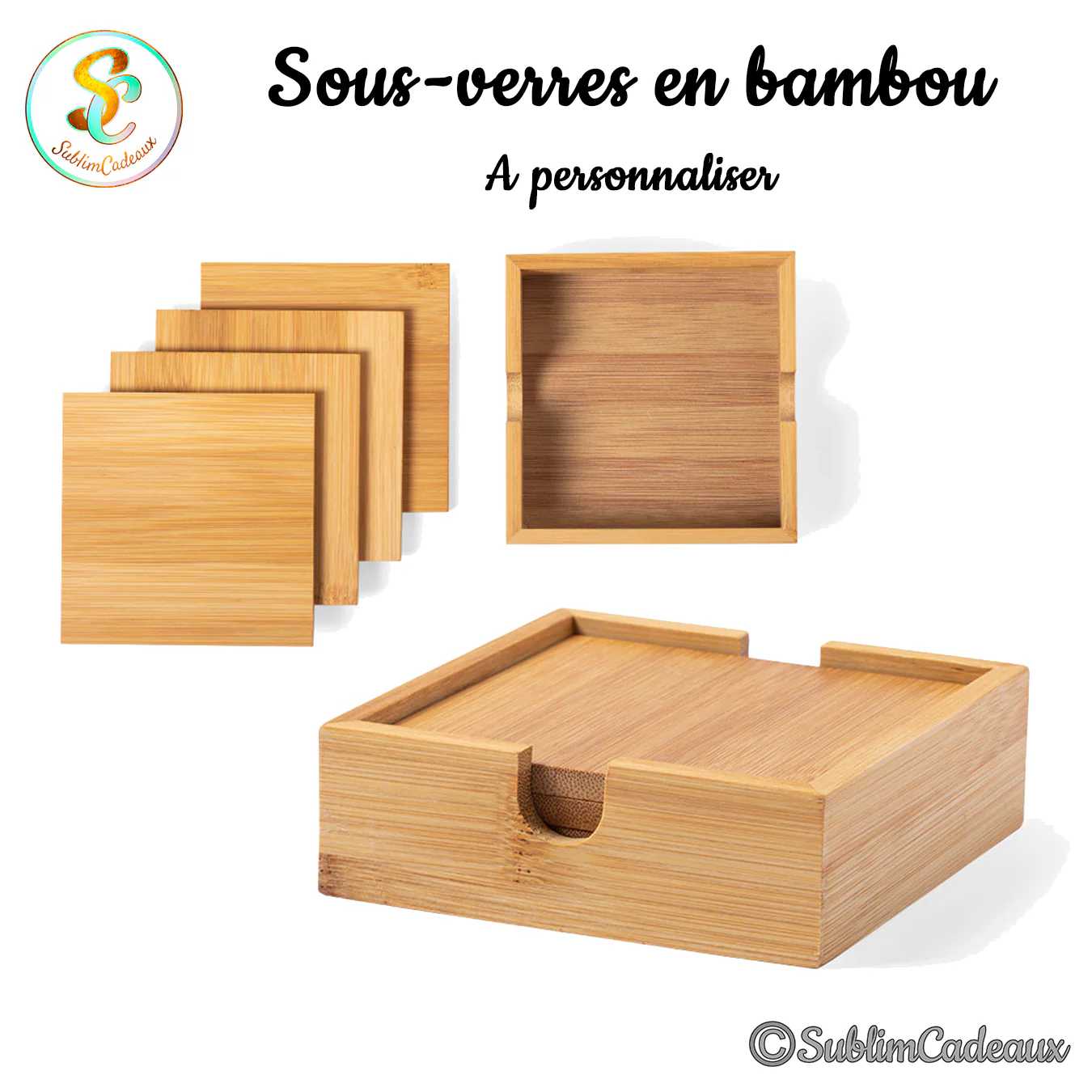 Sous-verres carrés en bambou clair avec boîte de rangement assortie, à personnaliser par gravure