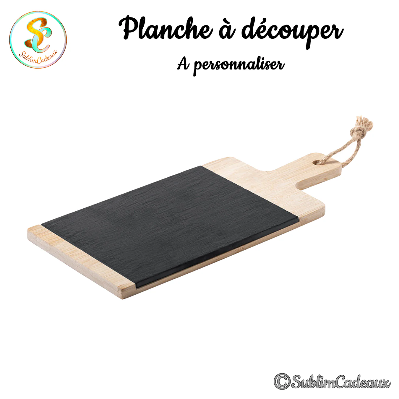 Planche à découper rectangulaire en bambou clair et ardoise noire avec cordelette, à personnaliser