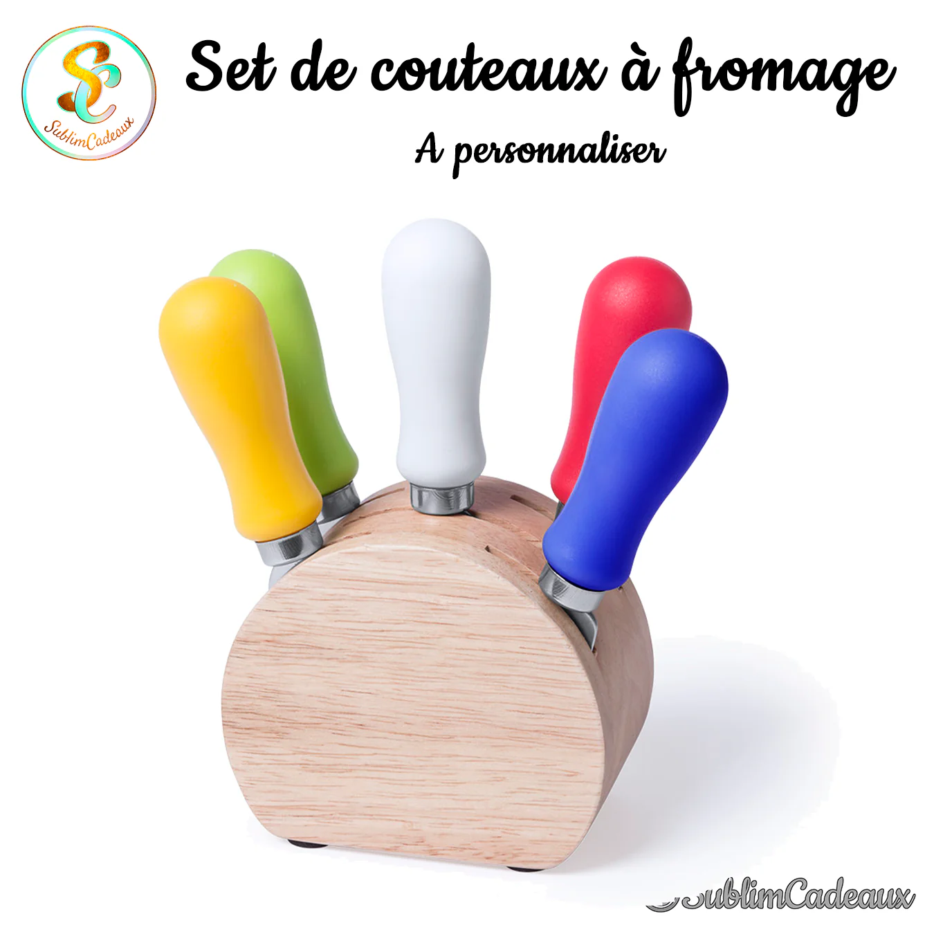 Set de couteaux à fromage à manches colorés jaune, vert, blanc, rouge et bleu sur bloc en bois, à personnaliser
