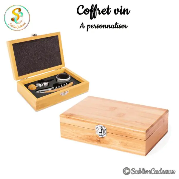 Coffret sommelier en bambou clair avec tire-bouchon, bouchon verseur et accessoires à vin, à personnaliser