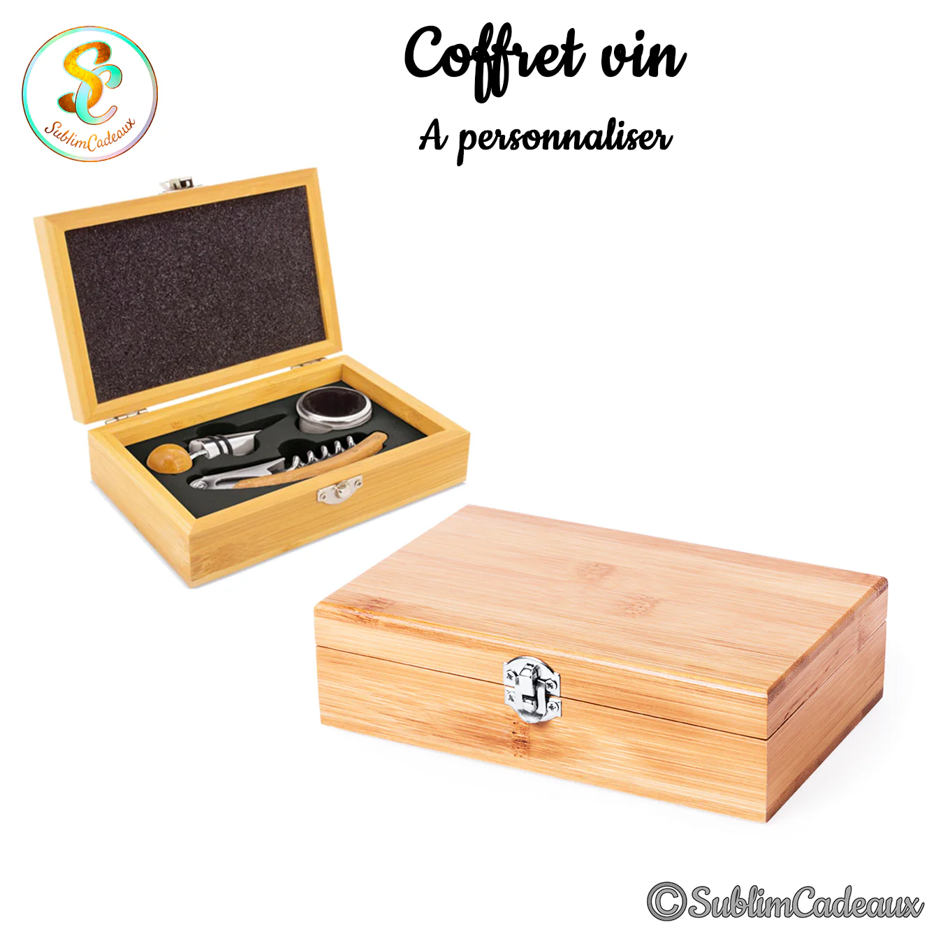 Coffret sommelier en bambou clair avec tire-bouchon, bouchon verseur et accessoires à vin, à personnaliser