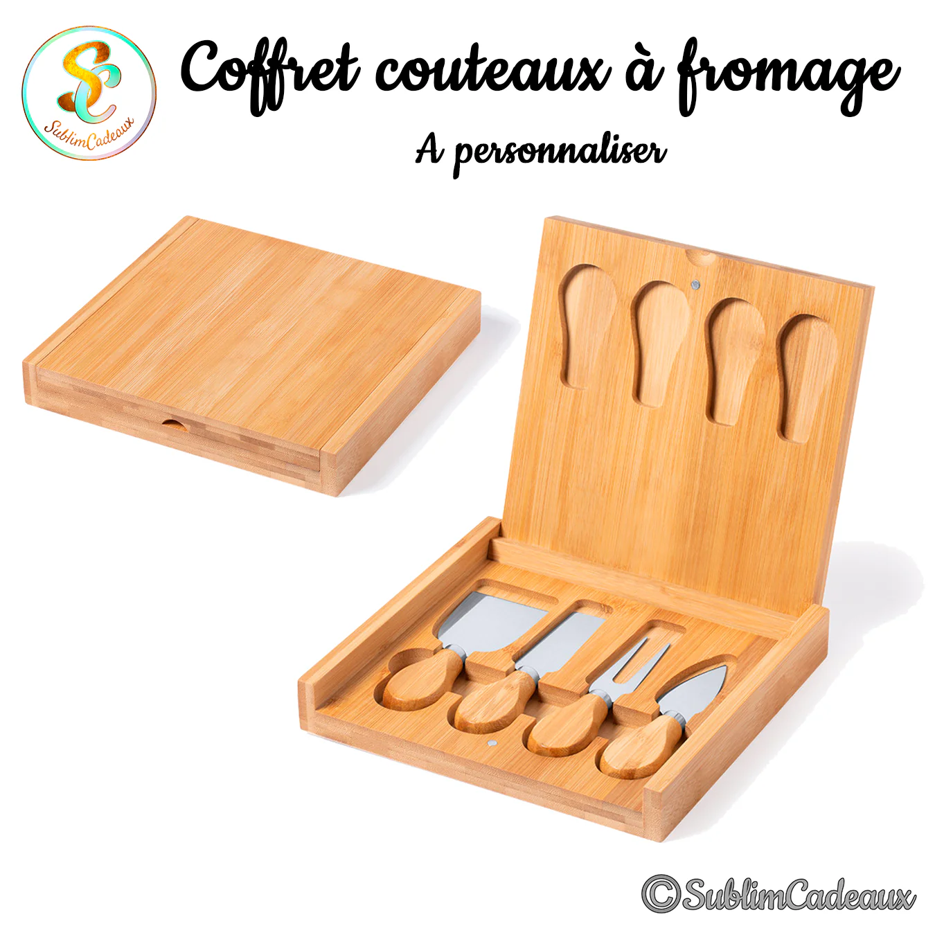 Coffret à fromage en bambou clair formant planche, avec quatre couteaux rangés, à personnaliser par gravure