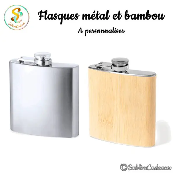 Deux flasques de poche, l'une en inox brossé et l'autre habillée de bambou clair, à personnaliser
