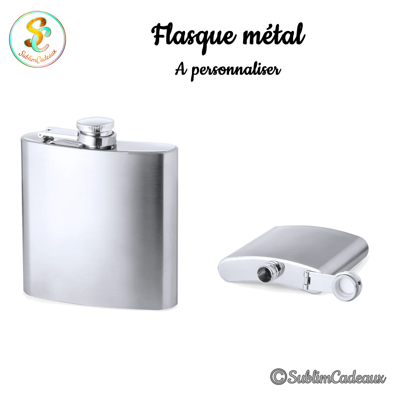 Flasque de poche en métal inox brossé argenté, bouchon à vis à charnière, vue de face et de profil