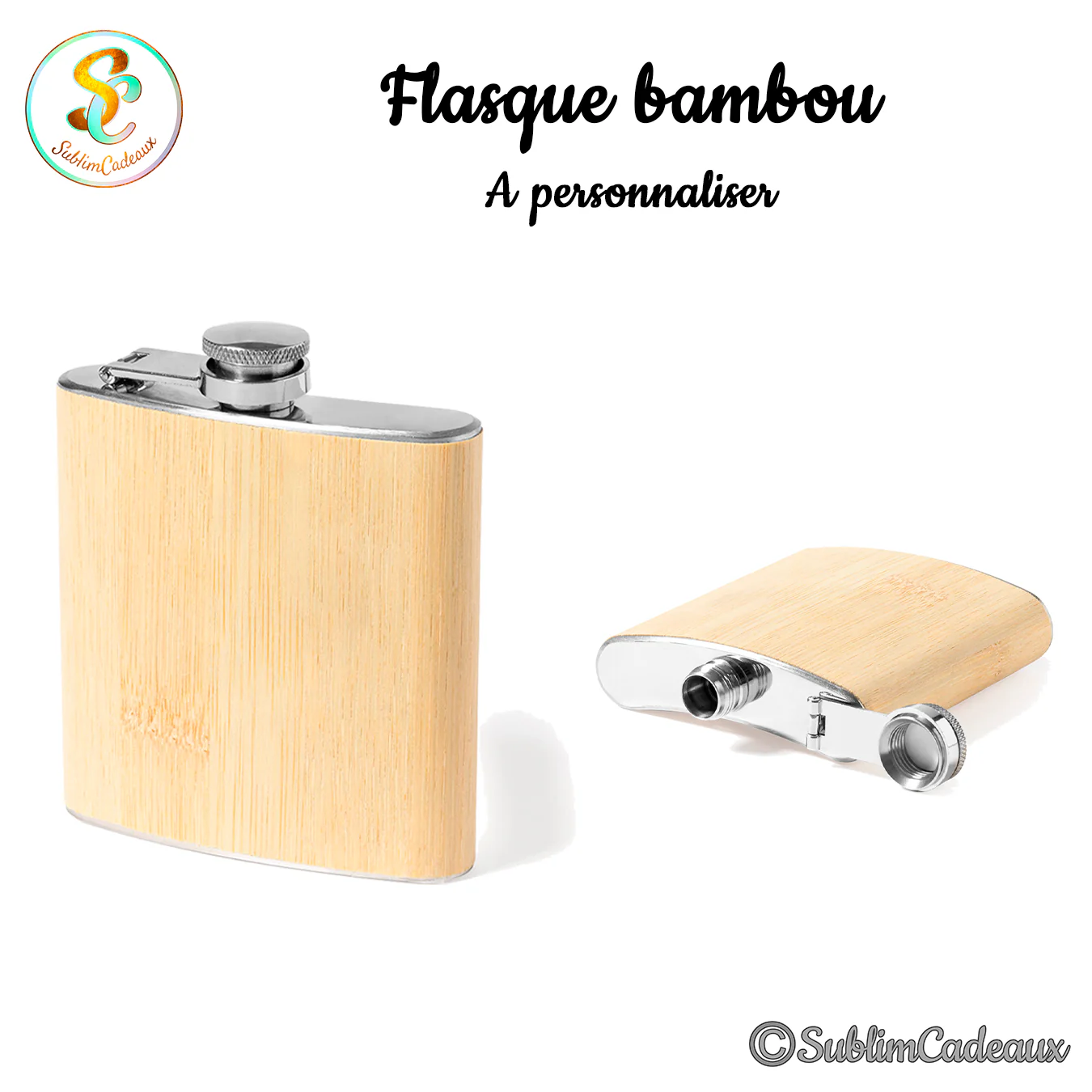 Flasque de poche habillée de bambou clair sur corps en inox, bouchon à vis, vue de face et de profil