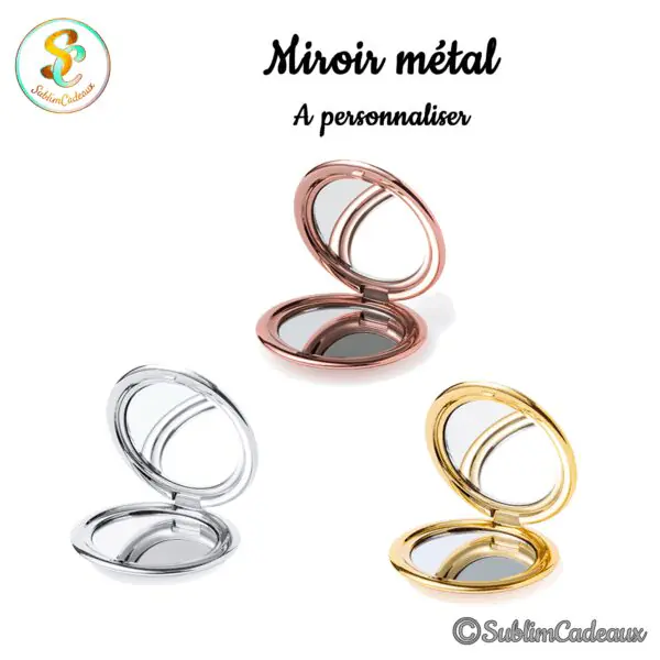 Trois miroirs de poche ronds pliants en métal, coloris or rose, argent et doré, à personnaliser par gravure