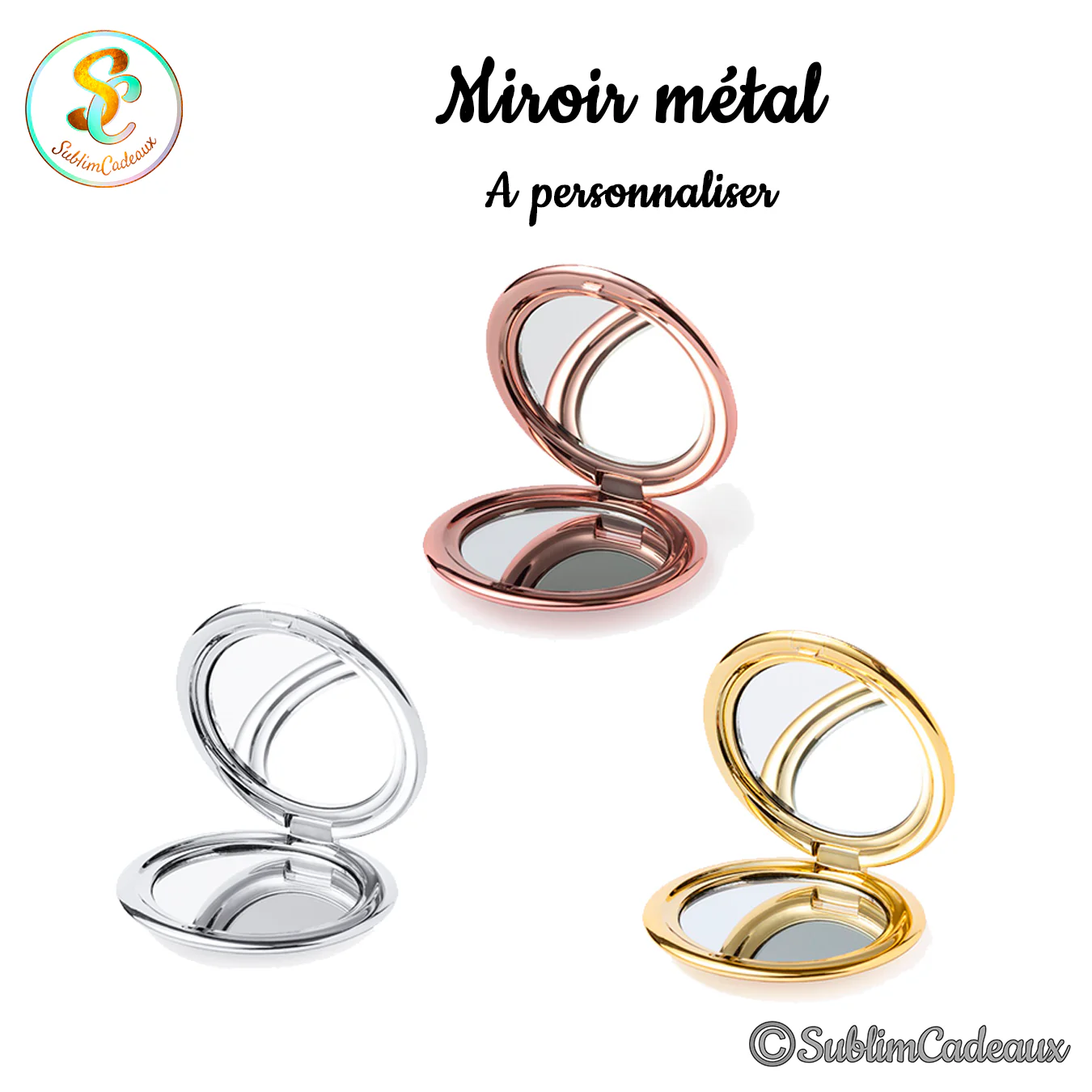 Trois miroirs de poche ronds pliants en métal, coloris or rose, argent et doré, à personnaliser par gravure