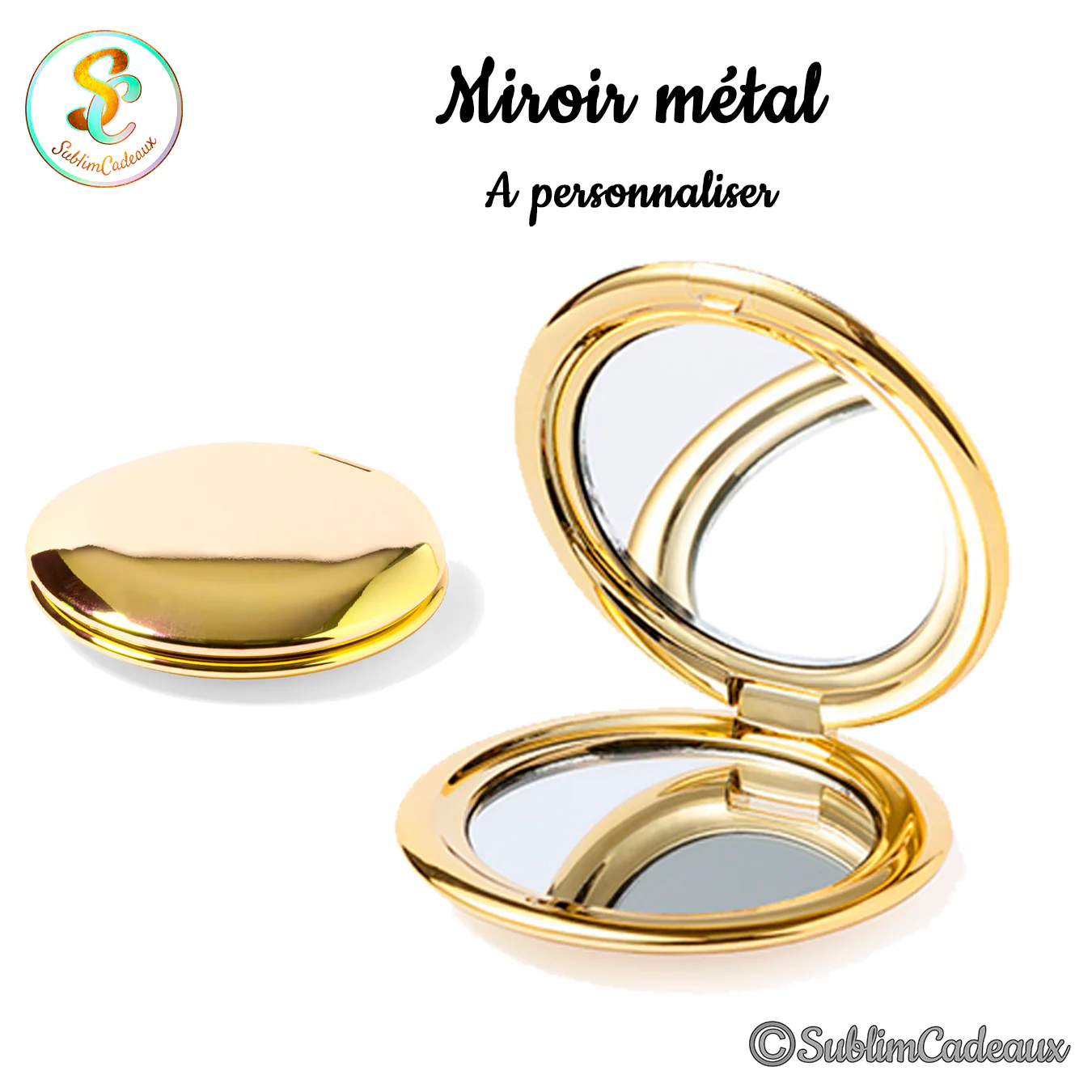 Miroir de poche rond compact en métal doré brillant, présenté fermé et ouvert sur ses deux glaces