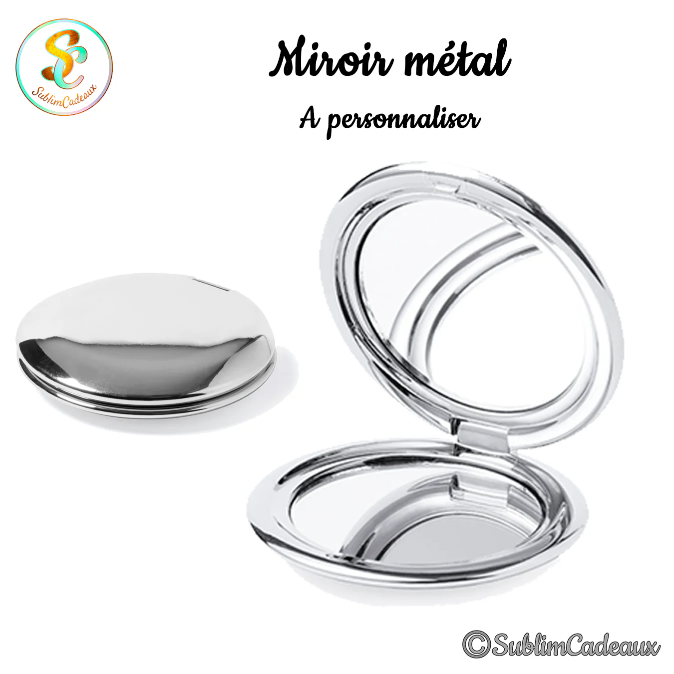 Miroir de poche rond en métal argenté brillant, montré fermé et ouvert avec sa double glace