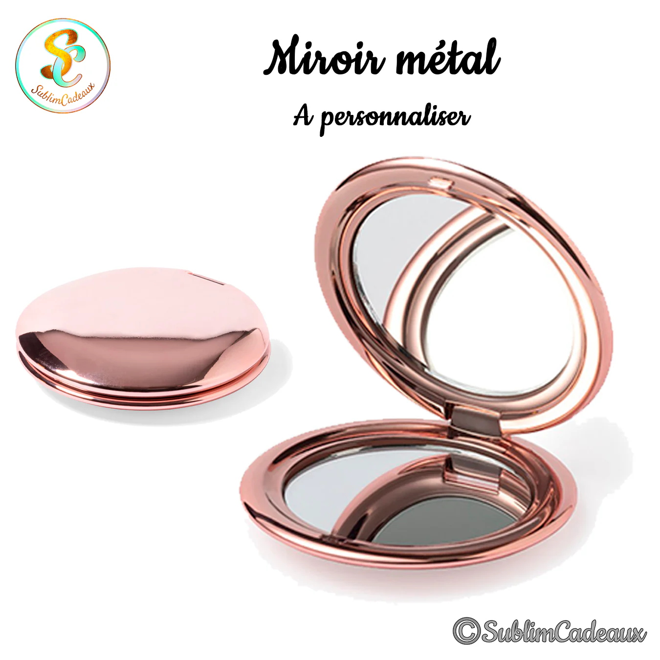 Miroir de poche rond en métal doré rose brillant, présenté fermé et ouvert avec sa double glace