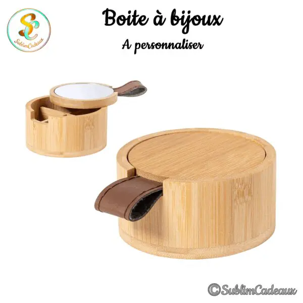 Boîte à bijoux ronde en bambou clair à couvercle pivotant avec miroir et languette en cuir marron, à personnaliser