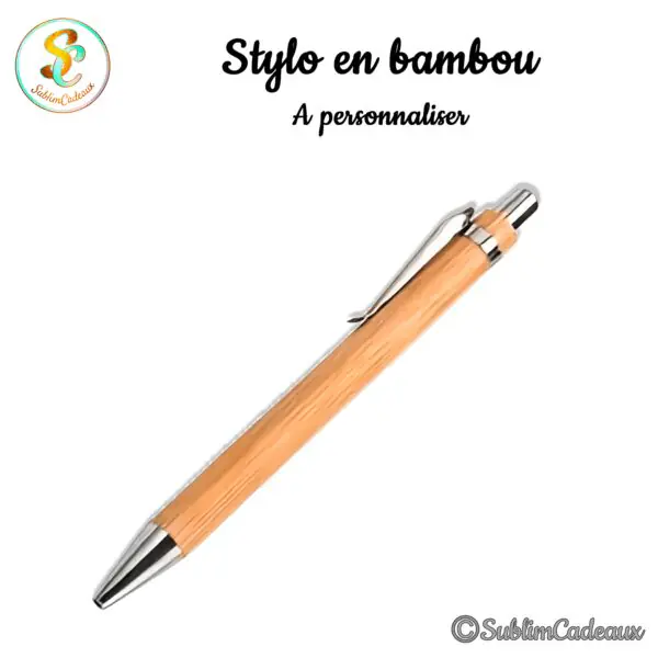 Stylo bille au corps en bambou clair avec clip et pointe chromés, à personnaliser par gravure
