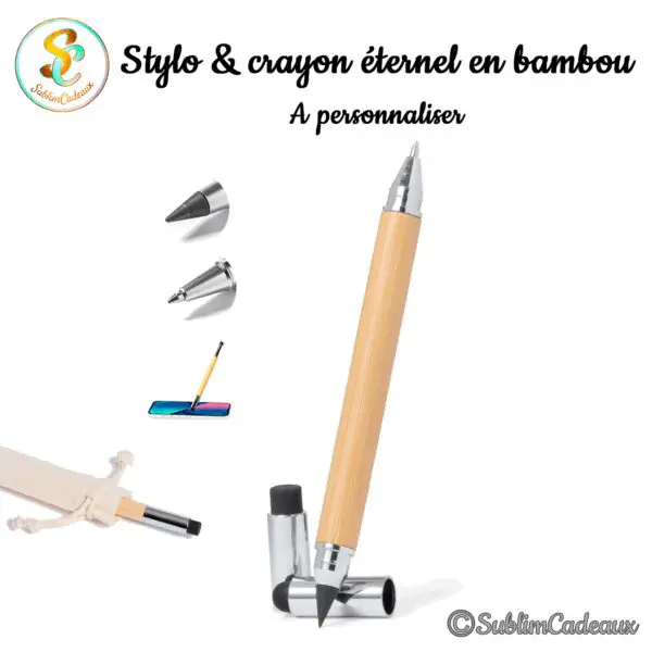 Stylo et crayon éternel en bambou clair avec embouts interchangeables et pochette en tissu, à personnaliser