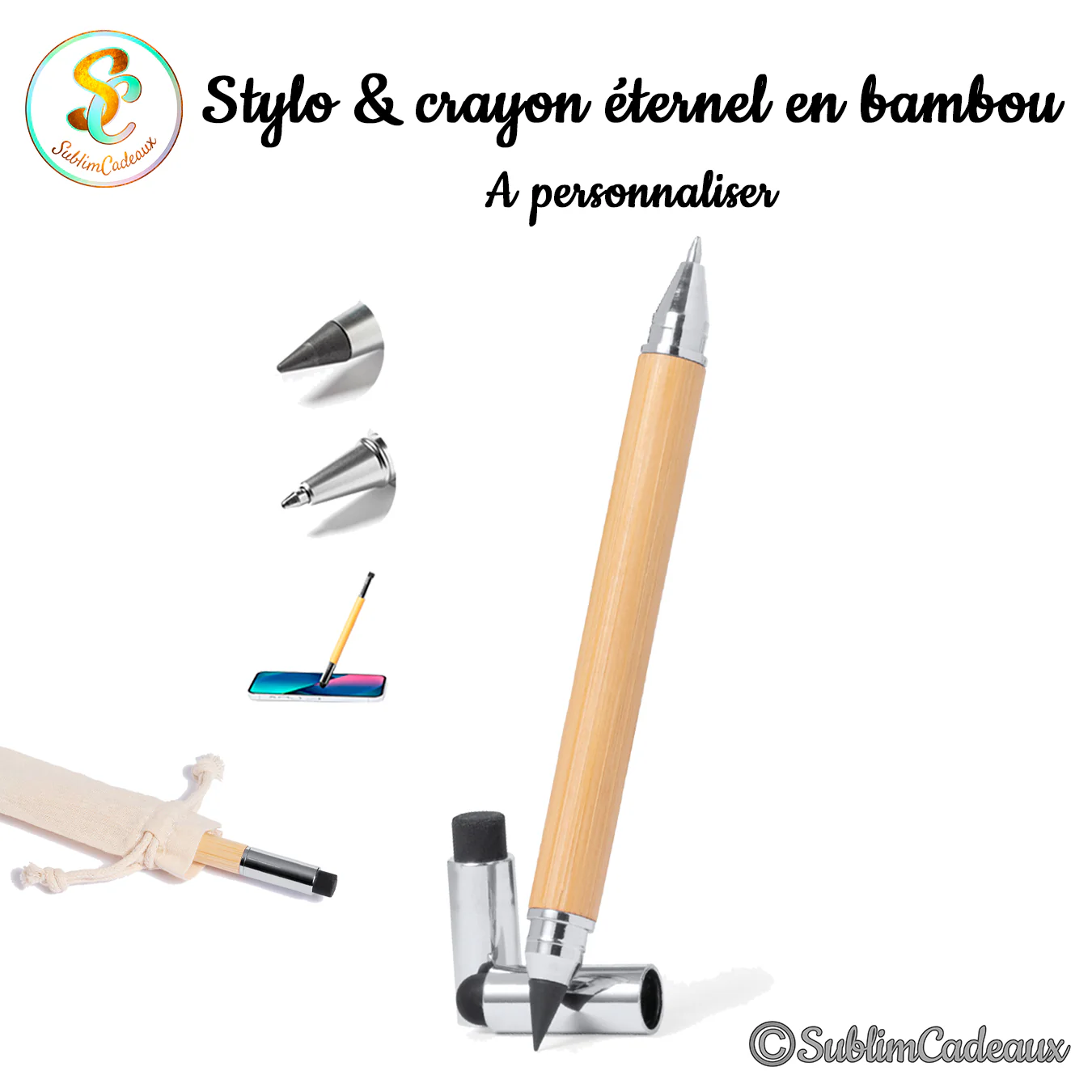 Stylo et crayon éternel en bambou clair avec embouts interchangeables et pochette en tissu, à personnaliser