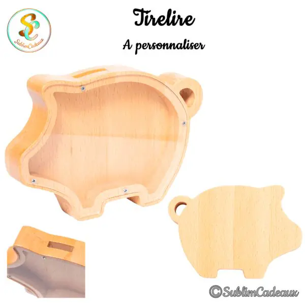 Tirelire en bois clair en forme de cochon avec paroi transparente laissant voir les pièces, à personnaliser
