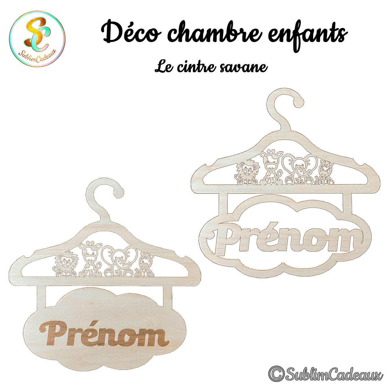 Cintre en bois pour chambre d'enfant, gravé d'animaux de la savane lion, girafe, éléphant et zèbre au-dessus d'un nuage