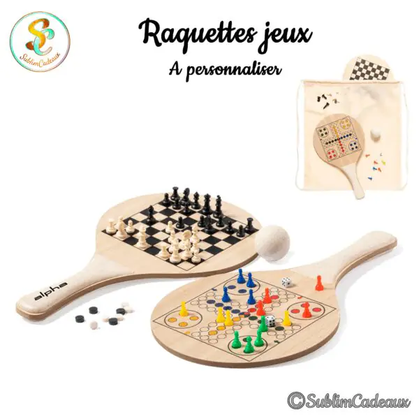 Raquettes de plage en bois clair imprimées de jeux d'échecs, de dames et de petits chevaux, à personnaliser