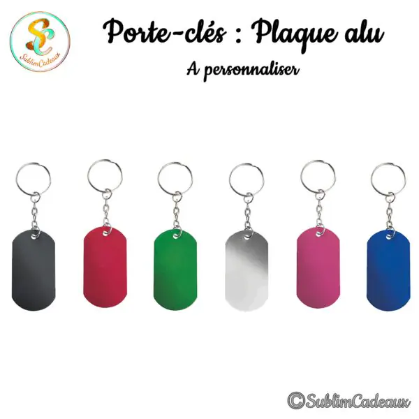 Porte-clés plaque alu façon plaque militaire, coloris noir, rouge, vert, argent, rose et bleu