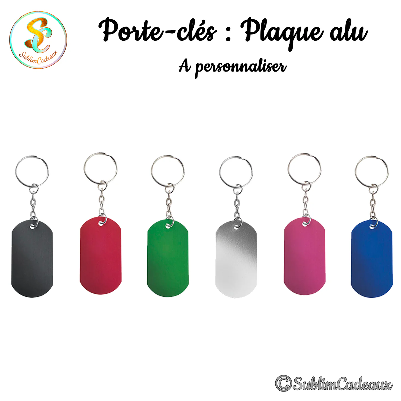 Porte-clés plaque alu façon plaque militaire, coloris noir, rouge, vert, argent, rose et bleu