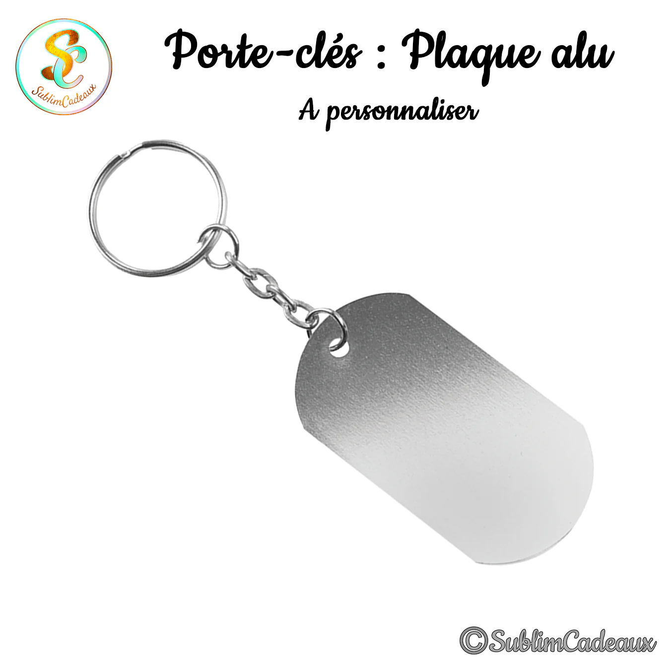 Porte-clés plaque alu forme plaque militaire, aluminium argenté, avec anneau et chaînette métal