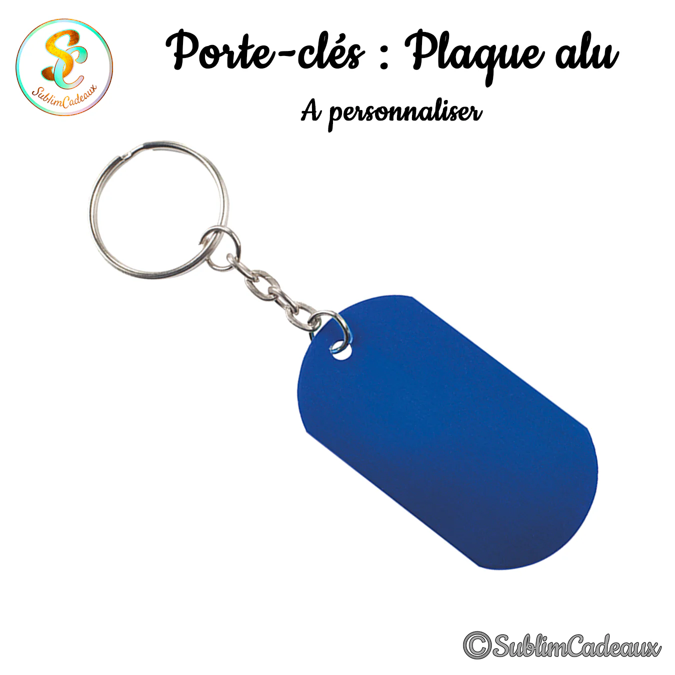 Porte-clés plaque alu forme plaque militaire, aluminium bleu, avec anneau et chaînette métal