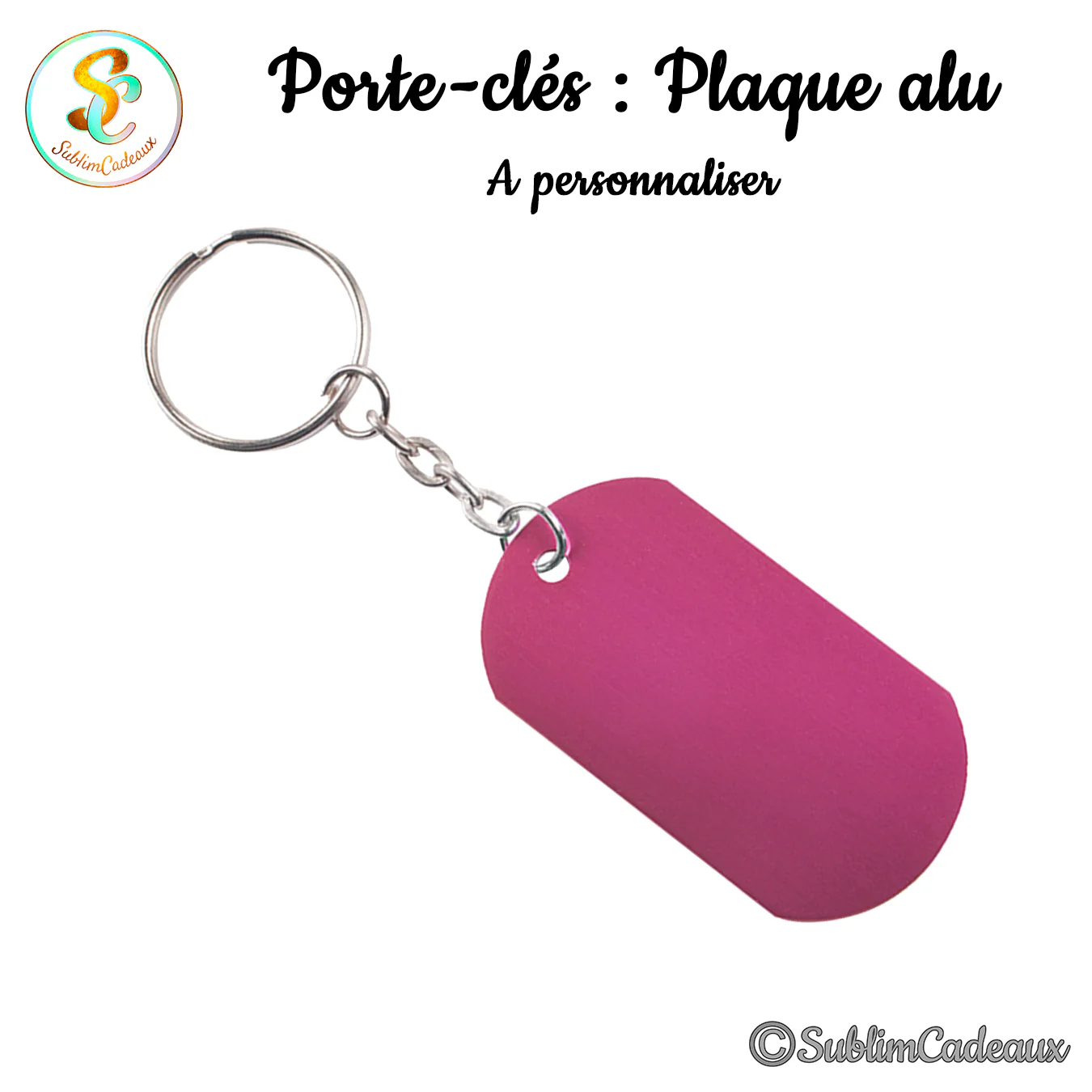 Porte-clés plaque alu forme plaque militaire, aluminium rose fuchsia, avec anneau et chaînette