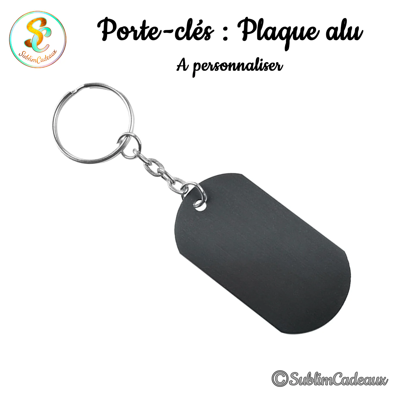 Porte-clés plaque alu forme plaque militaire, aluminium noir, avec anneau et chaînette métal