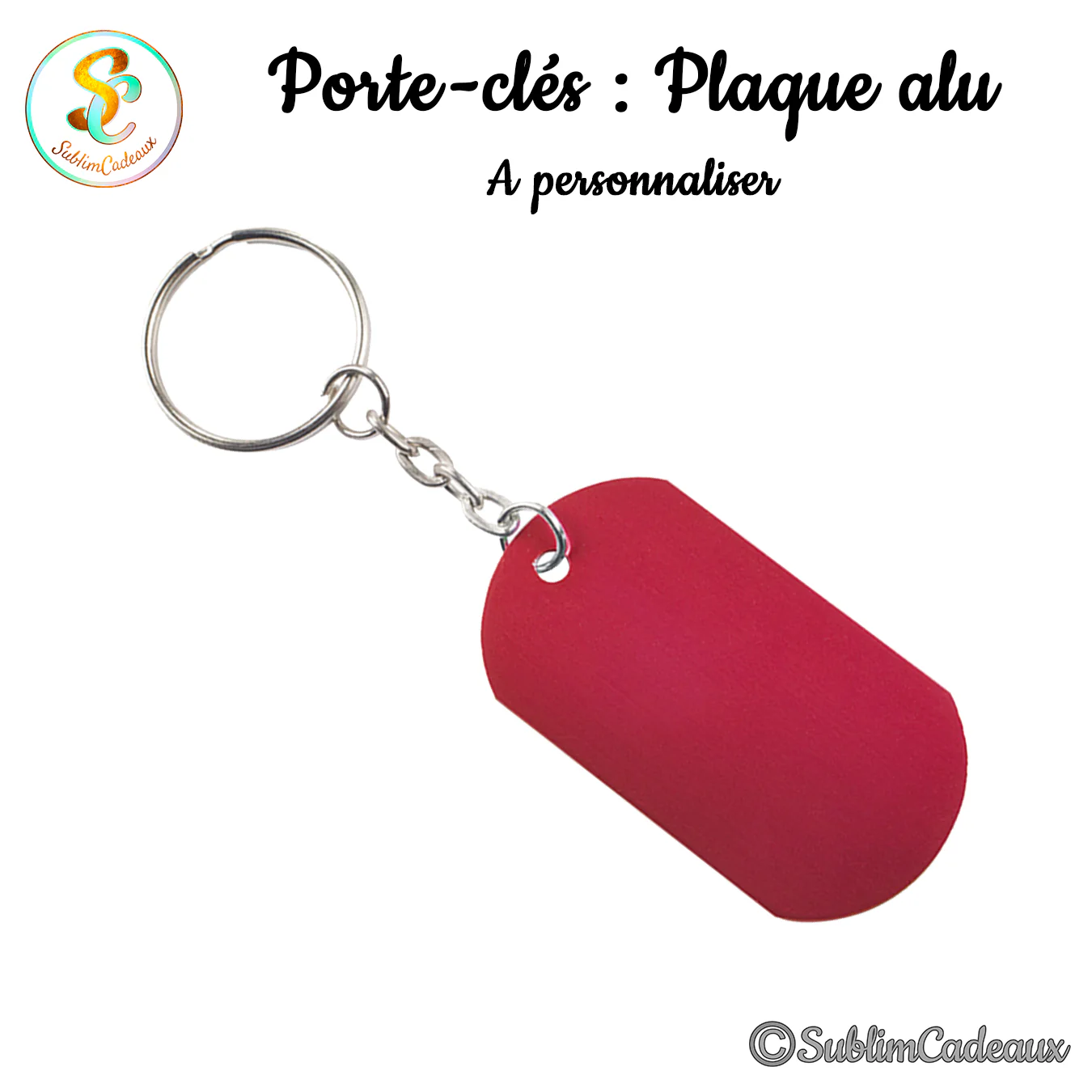 Porte-clés plaque alu forme plaque militaire, aluminium rouge, avec anneau et chaînette métal