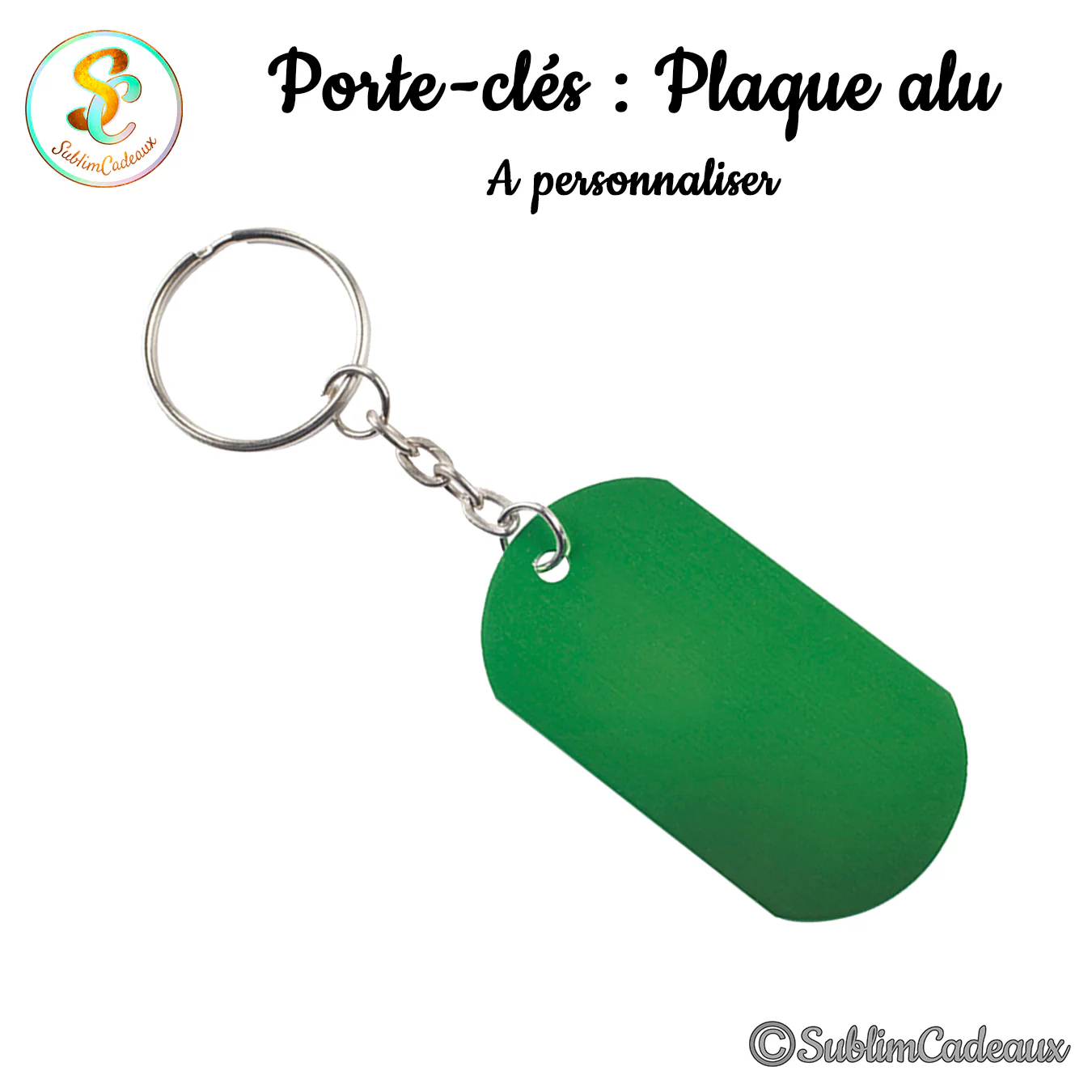 Porte-clés plaque alu forme plaque militaire, aluminium vert, avec anneau et chaînette métal