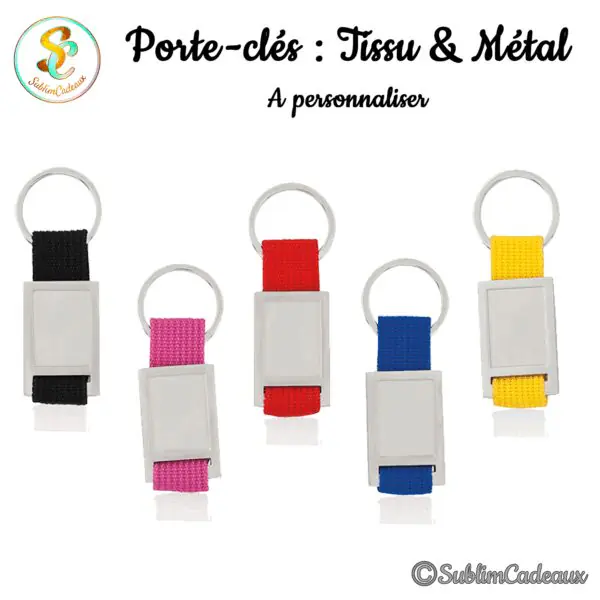 Porte-clés à sangle tissu et plaque métal rectangulaire, coloris noir, rose, rouge, bleu et jaune
