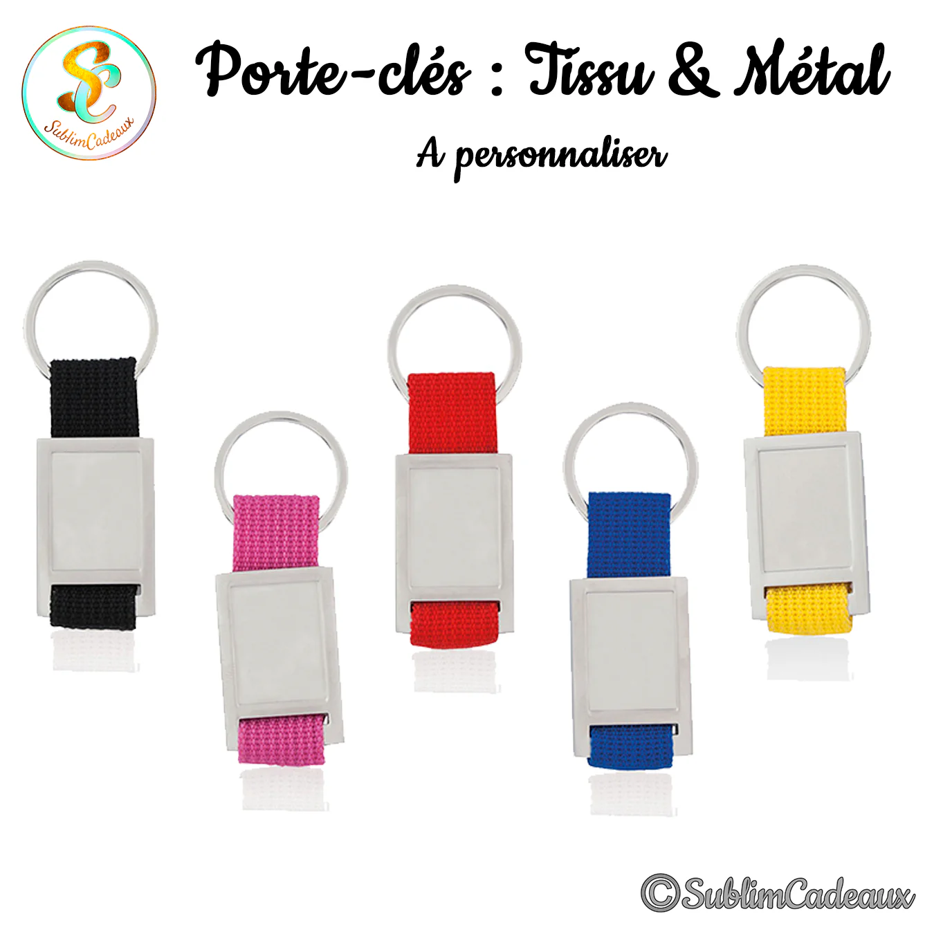 Porte-clés à sangle tissu et plaque métal rectangulaire, coloris noir, rose, rouge, bleu et jaune