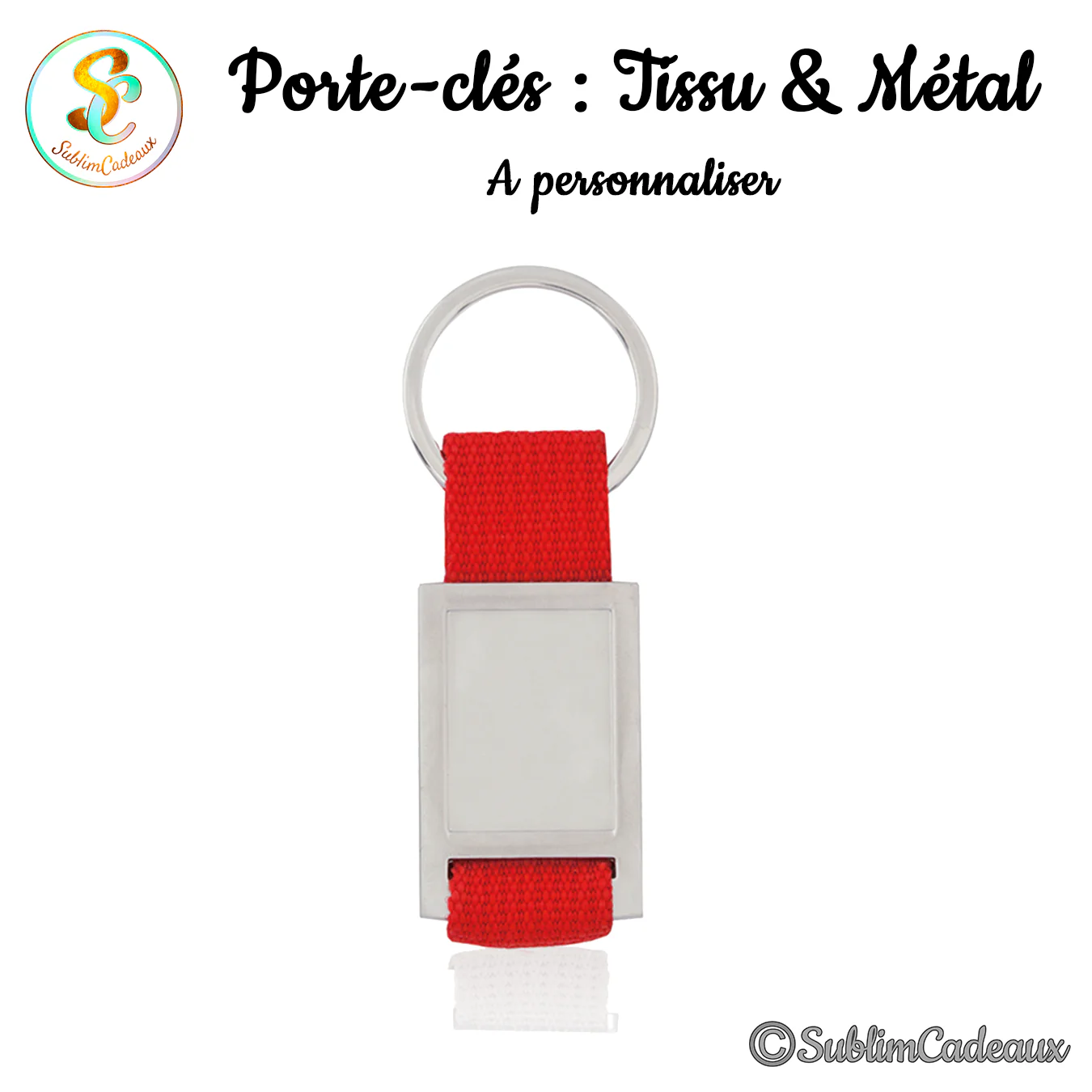 Porte-clés à sangle en tissu rouge et plaque rectangulaire en métal argenté, avec anneau