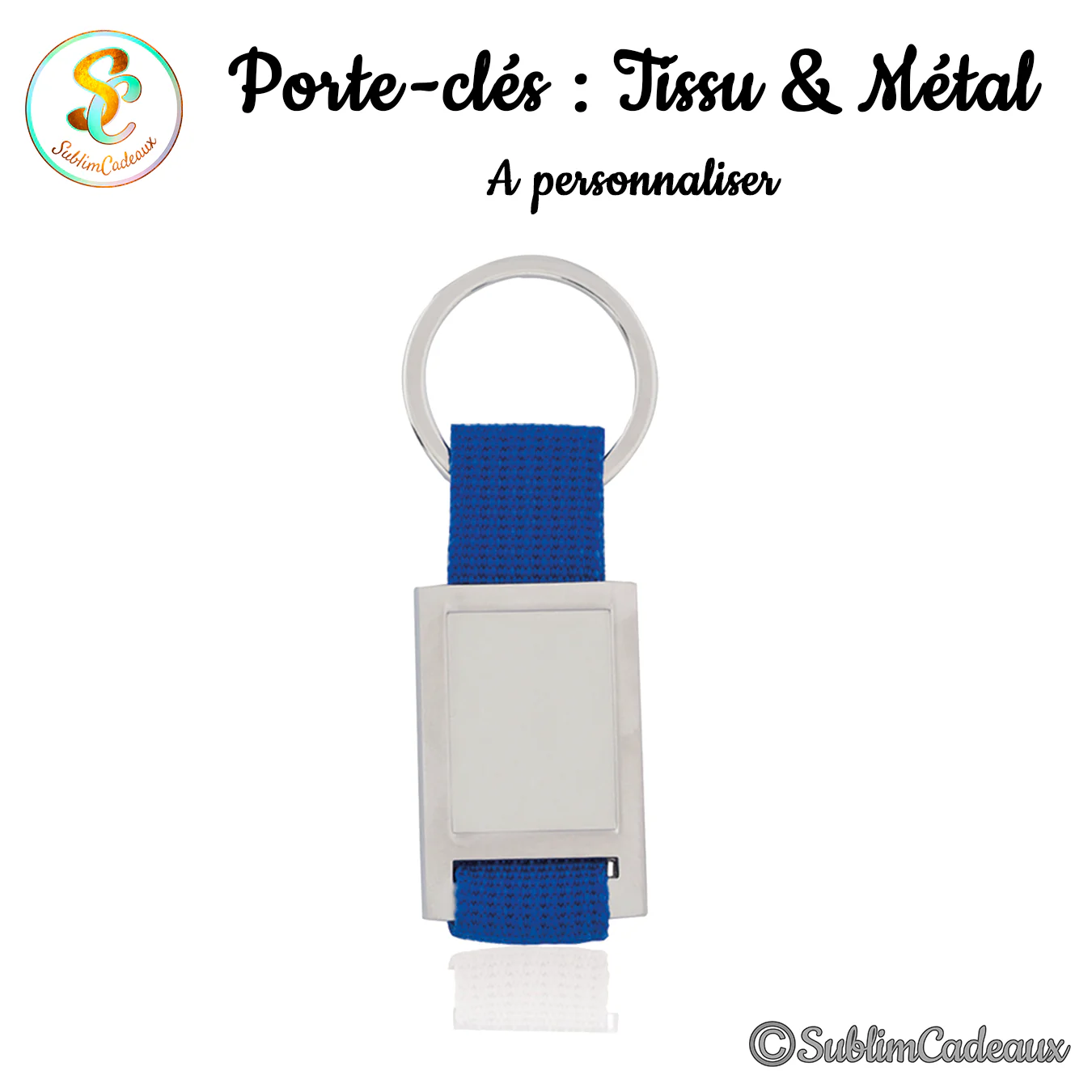 Porte-clés à sangle en tissu bleu et plaque rectangulaire en métal argenté, avec anneau