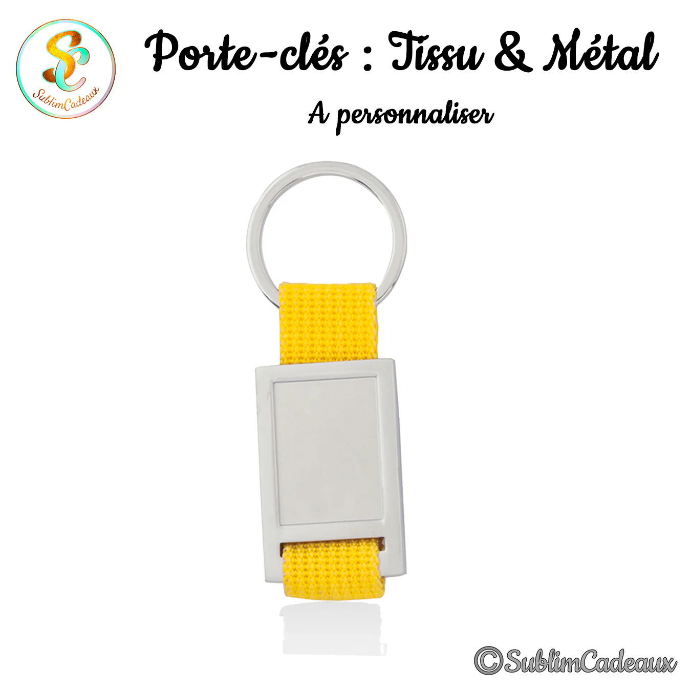Porte-clés à sangle en tissu jaune et plaque rectangulaire en métal argenté, avec anneau