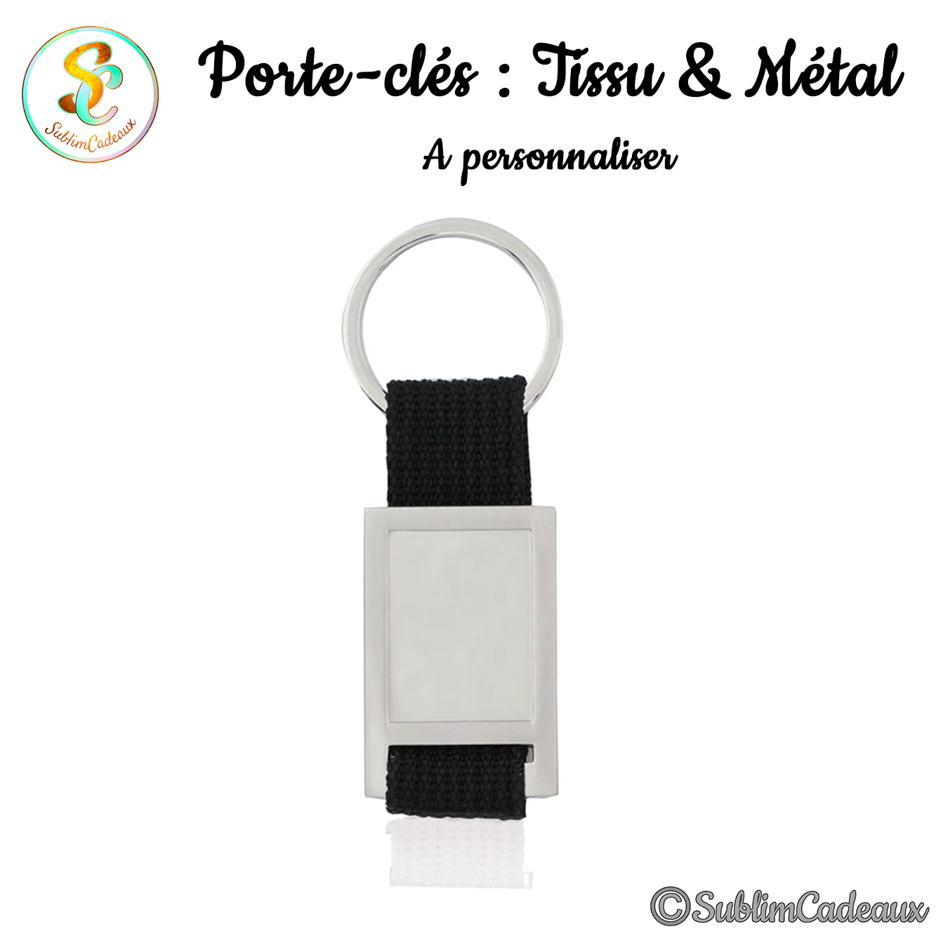 Porte-clés à sangle en tissu noir et plaque rectangulaire en métal argenté, avec anneau