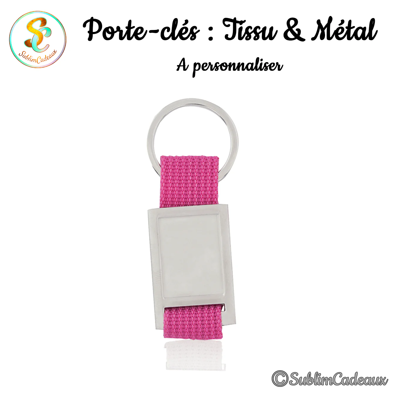 Porte-clés à sangle en tissu rose et plaque rectangulaire en métal argenté, avec anneau