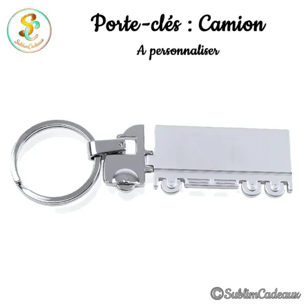 Porte-clés en métal chromé brillant représentant un camion semi-remorque et sa cabine