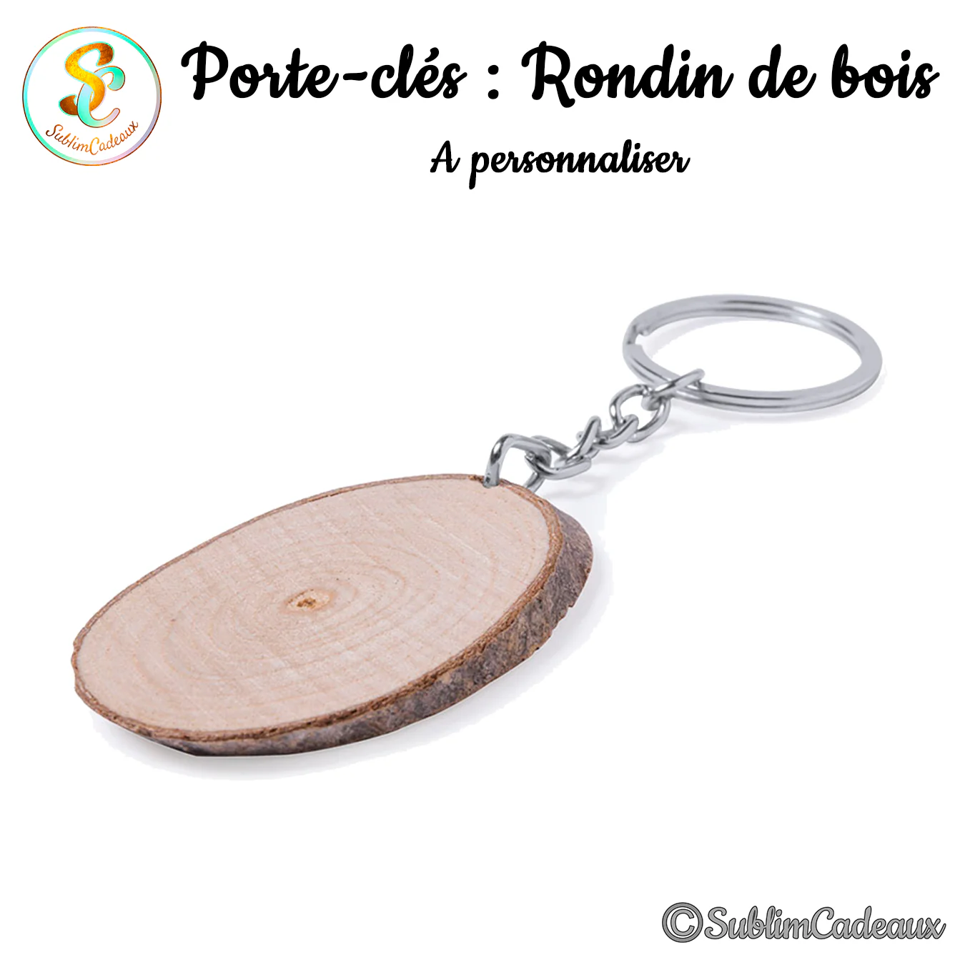 Porte-clés rondelle de bois ovale brute avec écorce sur le pourtour et anneau métallique