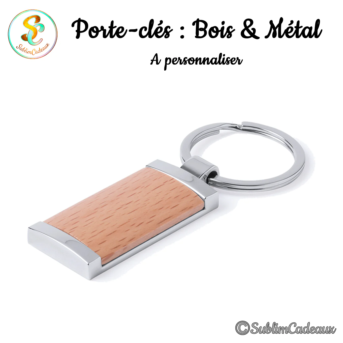 Porte-clés rectangulaire, panneau central en bois clair et encadrement en métal chromé, avec anneau