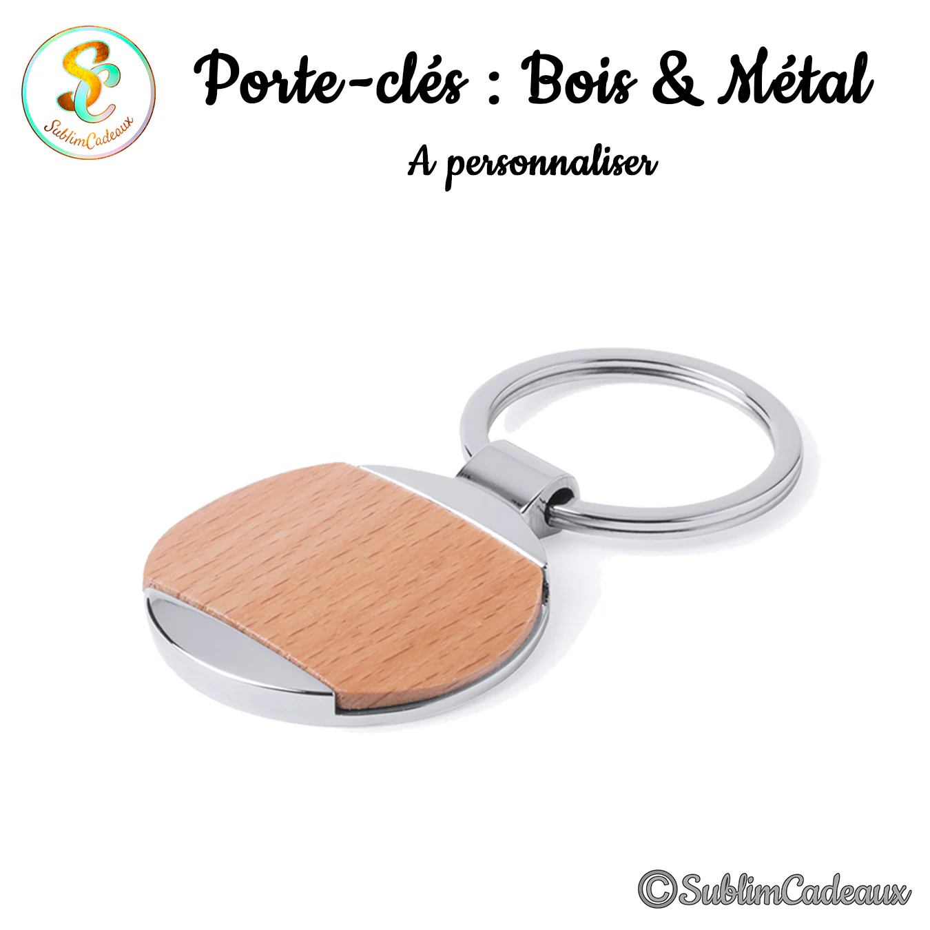 Porte-clés rond, insert en bois clair et pourtour en métal chromé brillant, avec anneau